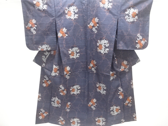 JAPANESE KIMONO / ANTIQUE HITOE KIMONO / SILK / TSUMUGI / WOVEN SNOWFLAKE & FLOWERS